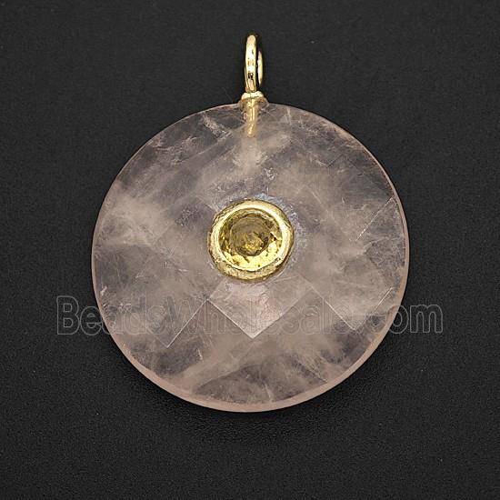 Natural Pink Rose Quartz Circle Pendant Pave Zirconia Faceted