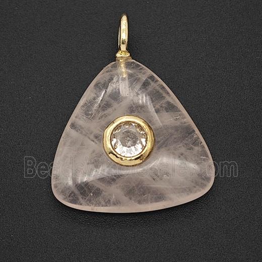 Natural Pink Rose Quartz Triangle Pendant Pave Zirconia