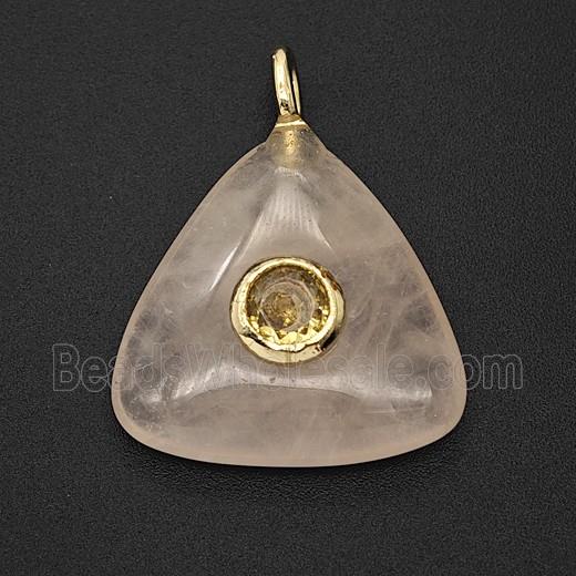 Natural Pink Rose Quartz Triangle Pendant Pave Zirconia