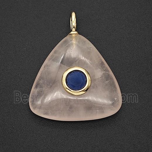 Natural Pink Rose Quartz Triangle Pendant Pave Zirconia