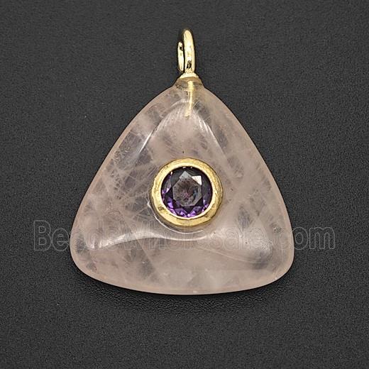 Natural Pink Rose Quartz Triangle Pendant Pave Zirconia
