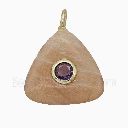 Natural Peach Sunstone Triangle Pendant Pave Zirconia