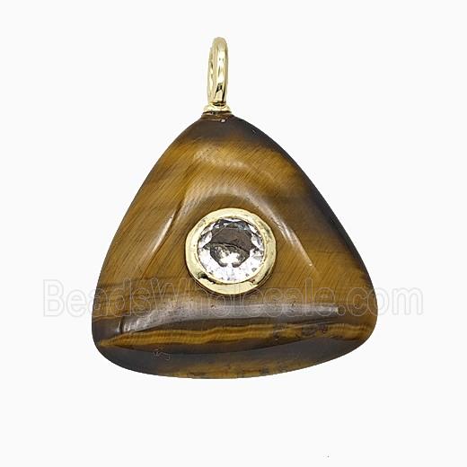 Natural Tiger Eye Stone Triangle Pendant Pave Zirconia