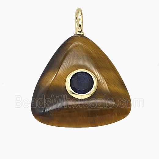 Natural Tiger Eye Stone Triangle Pendant Pave Zirconia