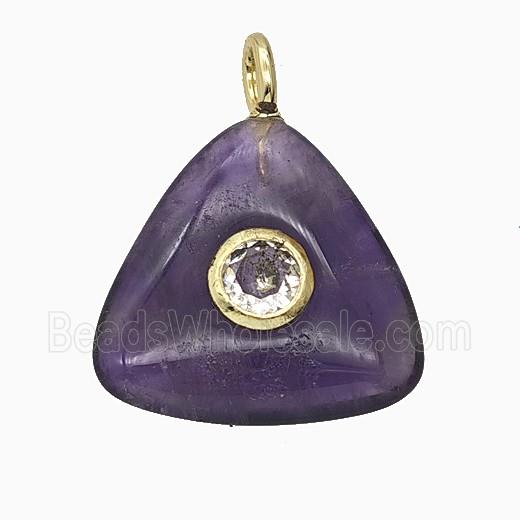 Natural Purple Amethyst Triangle Pendant Pave Zirconia