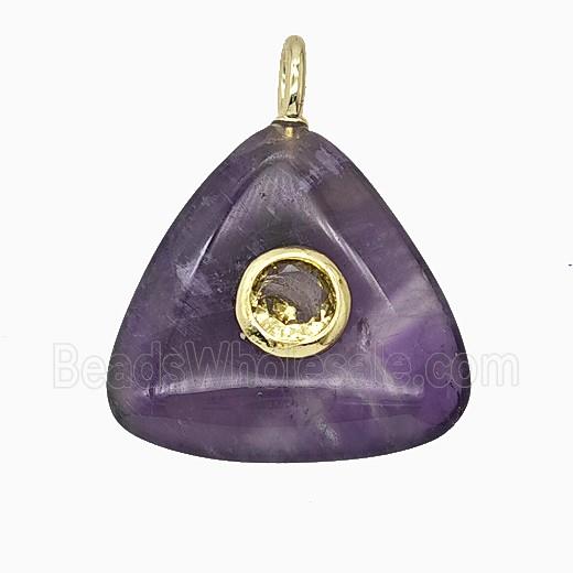 Natural Purple Amethyst Triangle Pendant Pave Zirconia
