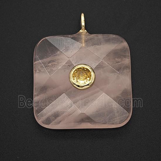 Natural Pink Rose Quartz Square Pendant Pave Zirconia Faceted