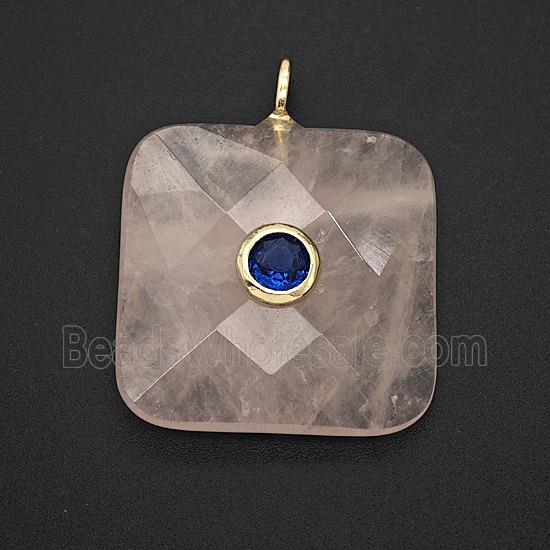 Natural Pink Rose Quartz Square Pendant Pave Zirconia Faceted
