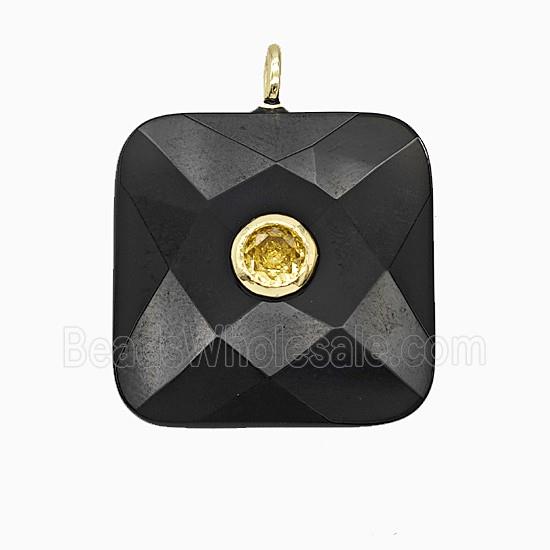 Natural Black Obsidian Square Pendant Pave Zirconia Faceted
