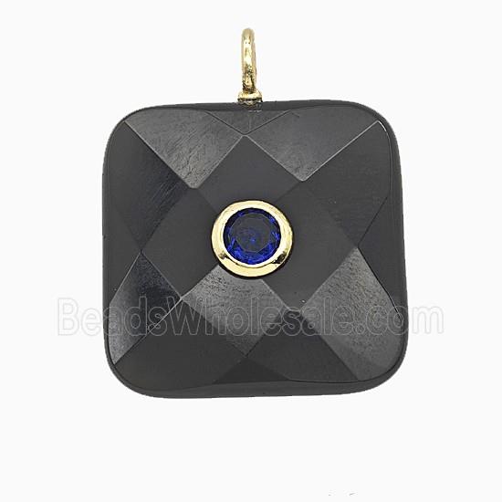 Natural Black Obsidian Square Pendant Pave Zirconia Faceted