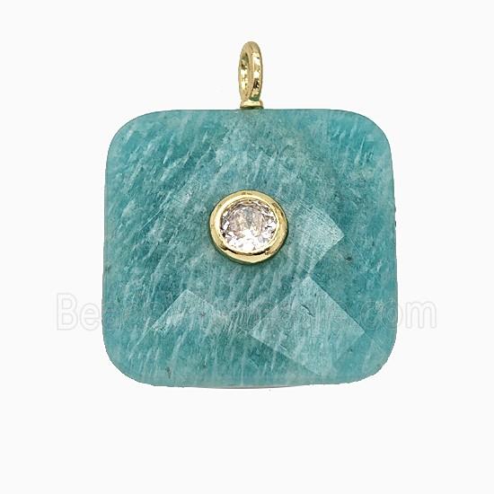 Natural Green Amazonite Square Pendant Pave Zirconia Faceted
