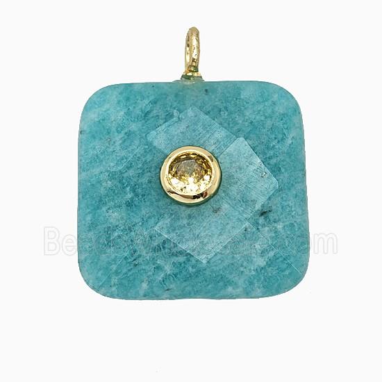 Natural Green Amazonite Square Pendant Pave Zirconia Faceted