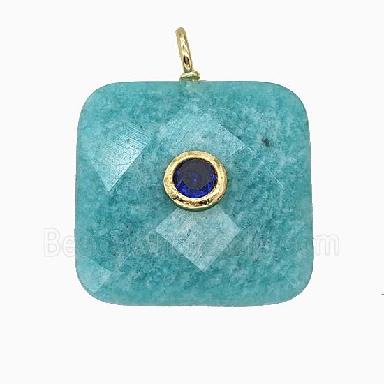 Natural Green Amazonite Square Pendant Pave Zirconia Faceted