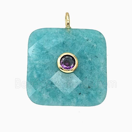 Natural Green Amazonite Square Pendant Pave Zirconia Faceted