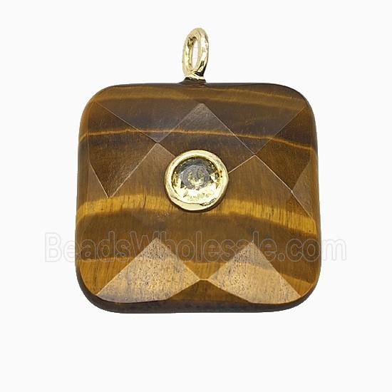 Natural Tiger Eye Stone Square Pendant Pave Zirconia Faceted