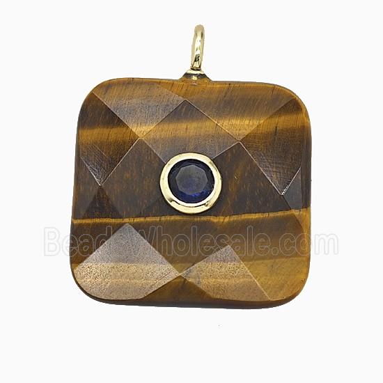 Natural Tiger Eye Stone Square Pendant Pave Zirconia Faceted