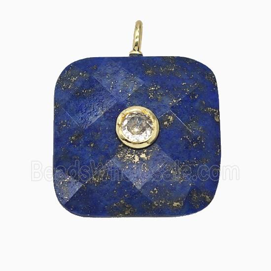 Natural Blue Lapis Lazuli Square Pendant Pave Zirconia Faceted