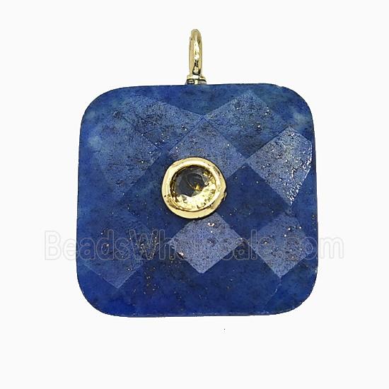 Natural Blue Lapis Lazuli Square Pendant Pave Zirconia Faceted