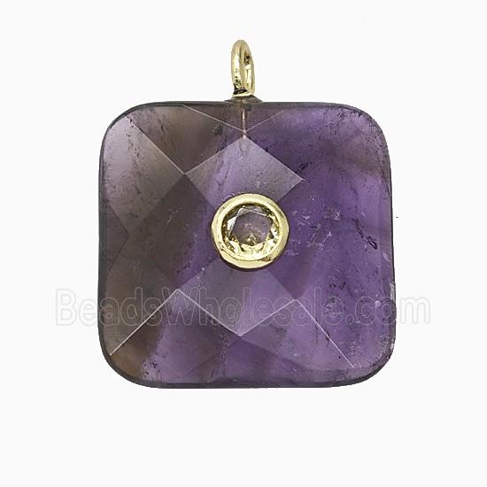 Natural Purple Amethyst Square Pendant Pave Zirconia Faceted