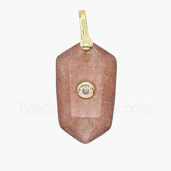 Natural Pink Strawberry Quartz Prism Pendant Pave Zirconia