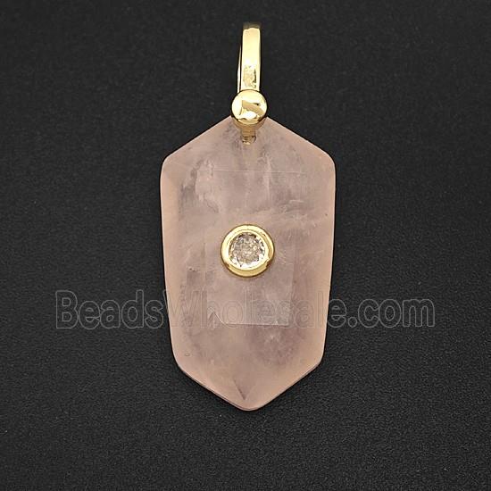 Natural Pink Rose Quartz Prism Pendant Pave Zirconia