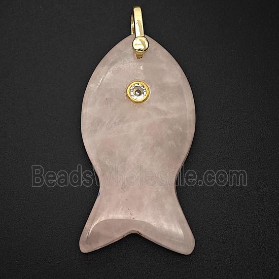 Natural Pink Rose Quartz Fish Pendant Pave Zirconia