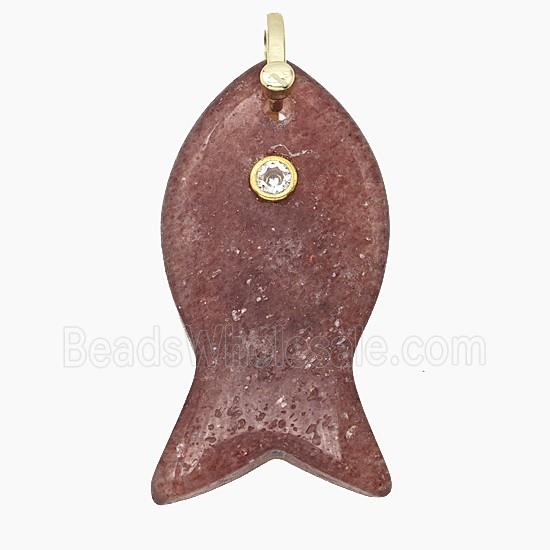 Natural Pink Strawberry Quartz Fish Pendant Pave Zirconia
