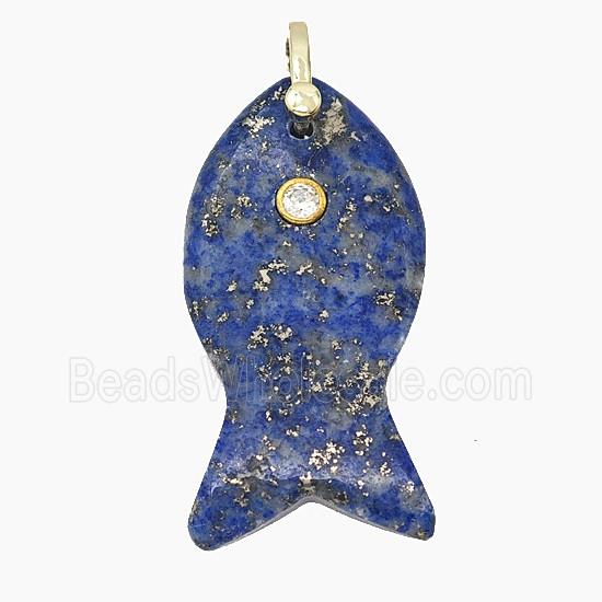 Natural Lapis Lazuli Fish Pendant Pave Zirconia