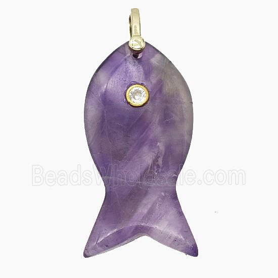 Natural Purple Amethyst Fish Pendant Pave Zirconia