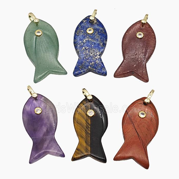 Natural Gemstone Fish Pendant Pave Zirconia Mix