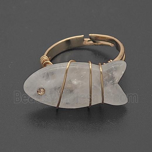Clear Crystal Quartz Fish Copper Rings Wire Wrapped Gold Plated