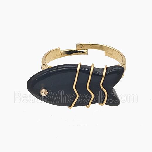 Black Obsidian Fish Copper Rings Wire Wrapped Gold Plated