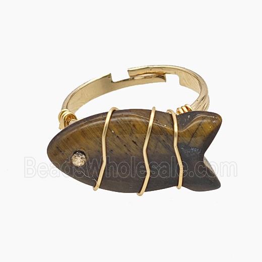 Tiger Eye Stone Fish Copper Rings Wire Wrapped Gold Plated