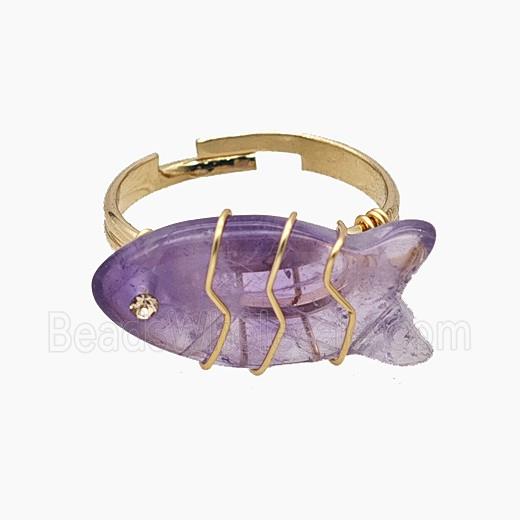 Purple Amethyst Fish Copper Rings Wire Wrapped Gold Plated
