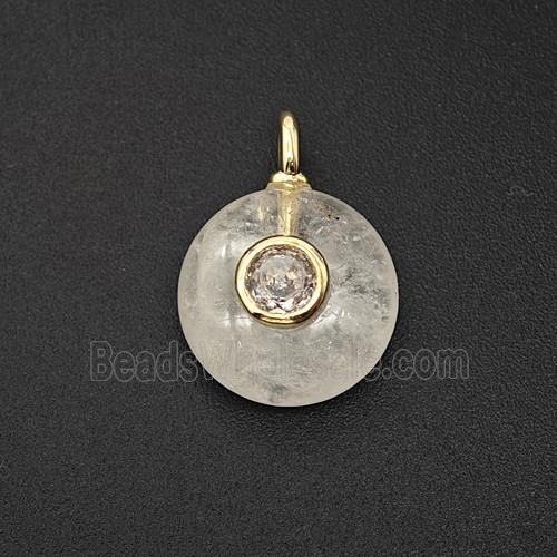 Natural Clear Crystal Quartz Coin Pendant Pave Zirconia