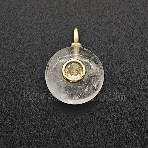 Natural Clear Crystal Quartz Coin Pendant Pave Zirconia