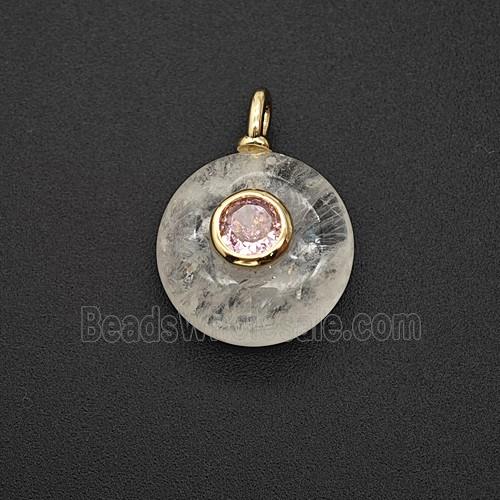 Natural Clear Crystal Quartz Coin Pendant Pave Zirconia