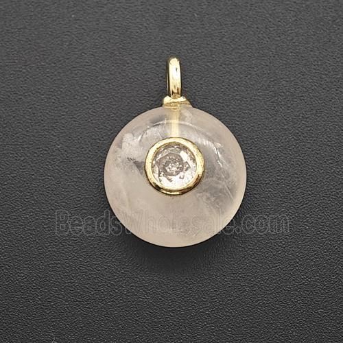Natural Pink Rose Quartz Coin Pendant Pave Zirconia