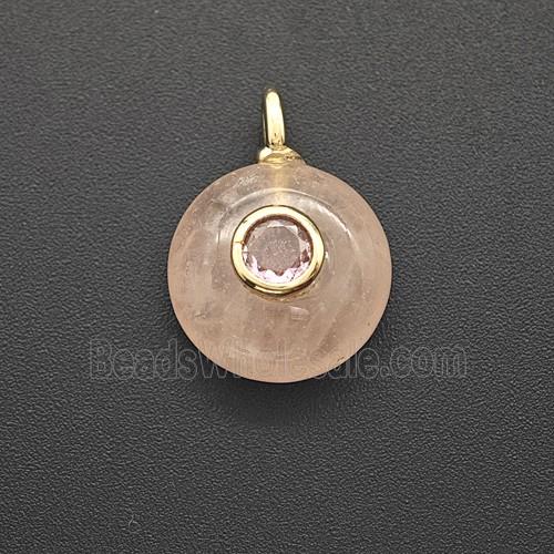 Natural Pink Rose Quartz Coin Pendant Pave Zirconia