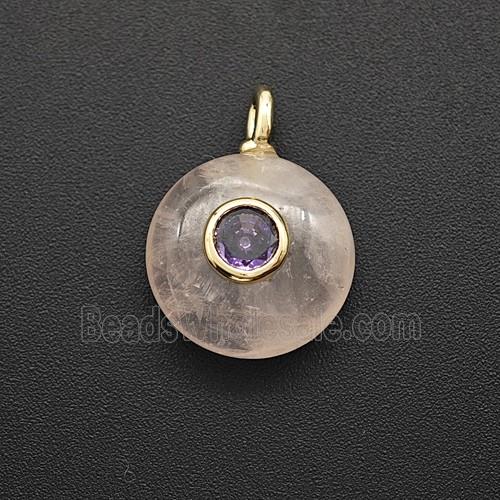 Natural Pink Rose Quartz Coin Pendant Pave Zirconia