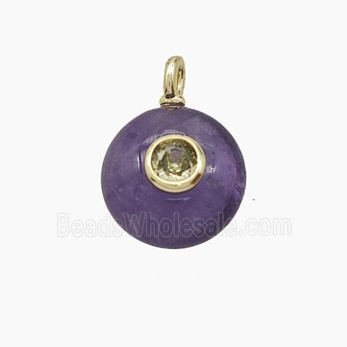 Natural Purple Amethyst Coin Pendant Pave Zirconia