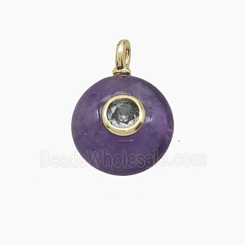 Natural Purple Amethyst Coin Pendant Pave Zirconia