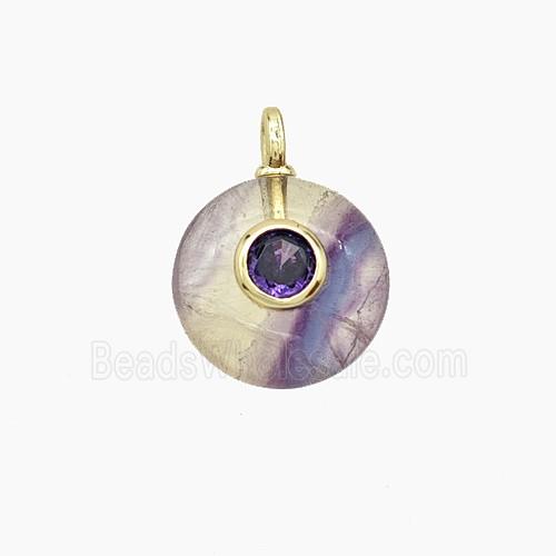 Natural Fluorite Coin Pendant Pave Zirconia