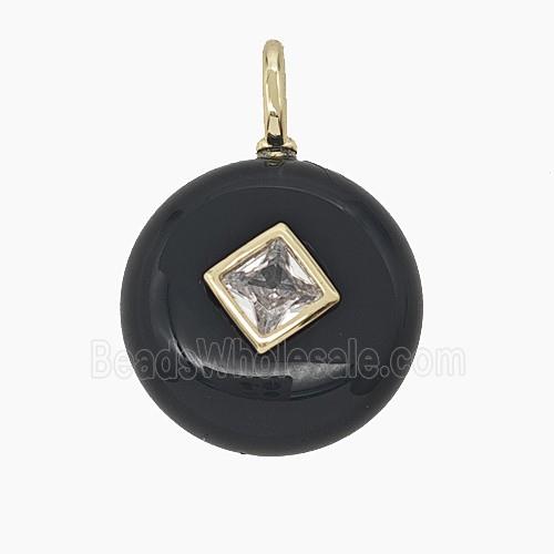Natural Black Obsidian Coin Pendant Pave Zirconia
