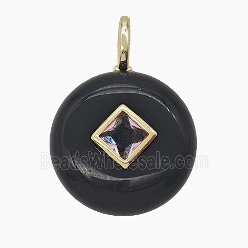 Natural Black Obsidian Coin Pendant Pave Zirconia