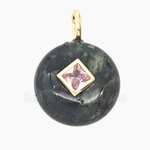 Natural Green Moss Agate Coin Pendant Pave Zirconia