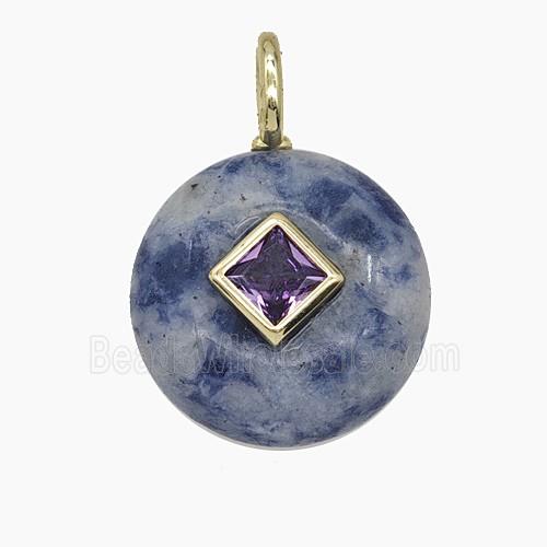 Blue Dalmatian Jasper Coin Pendant Pave Zirconia