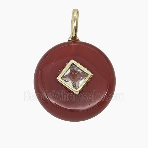 Red Dye Agate Coin Pendant Pave Zirconia