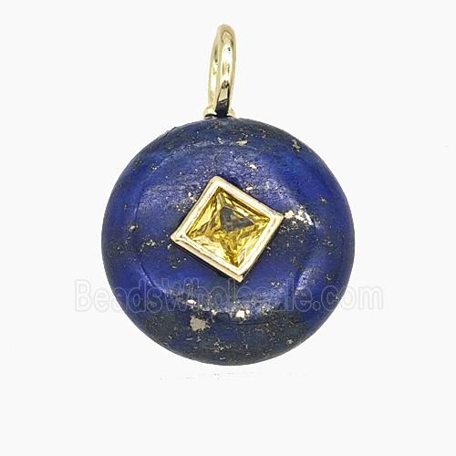 Natural Blue Lapis Lazuli Coin Pendant Pave Zirconia