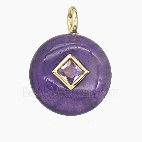 Natural Purple Amethyst Coin Pendant Pave Zirconia